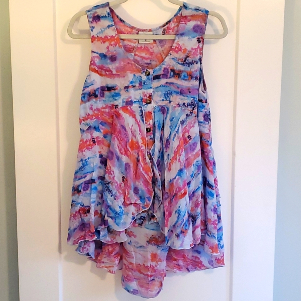Watercolor flow boho hi low blouse tank in pink and blue size medium.